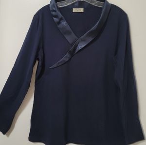Temperley London Navy Blue Satin Collar Long Sleeve Cotton Logo Top Size Medium